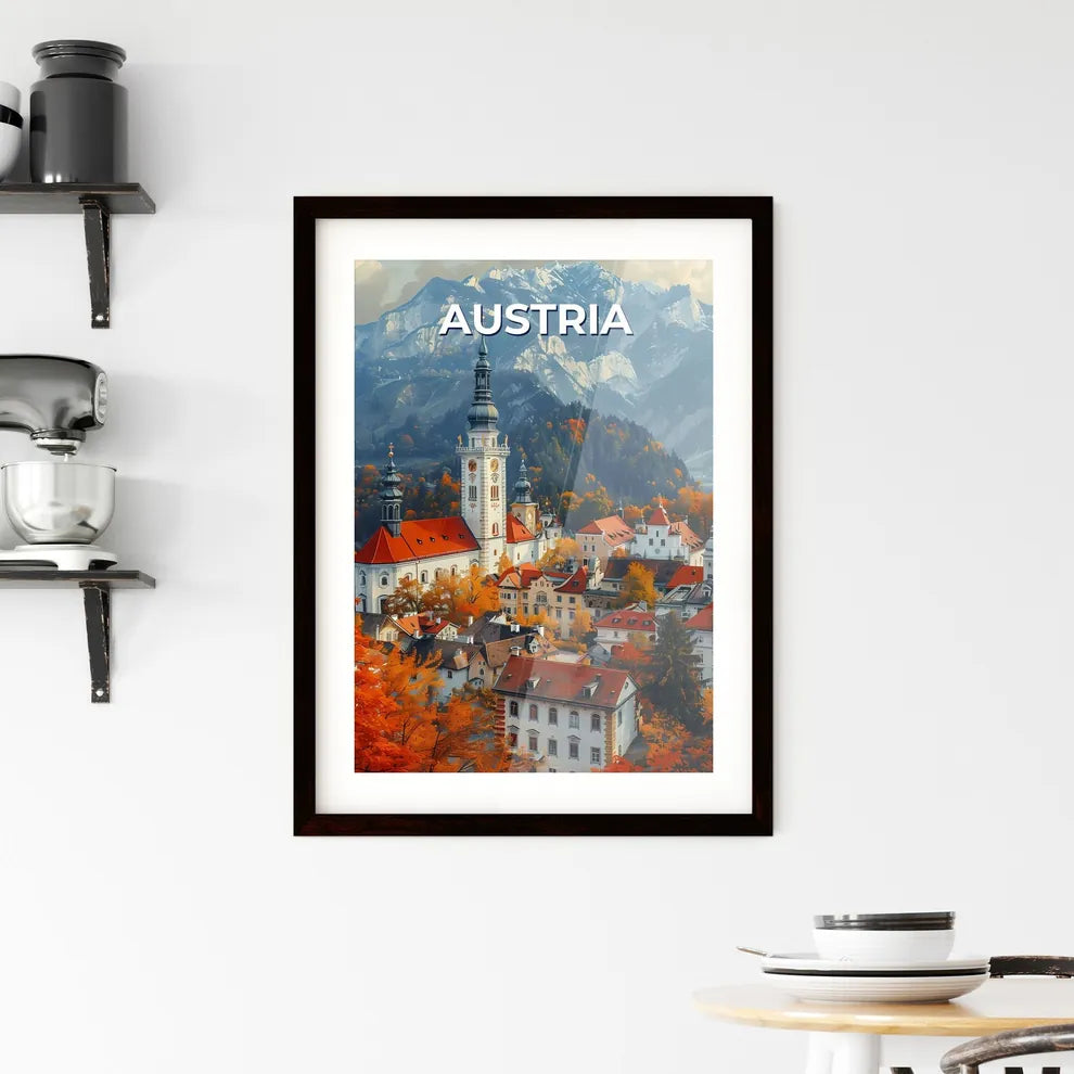 Vibrant City Painting: Austrian Town with Clock Tower and Orange Trees Custom Print