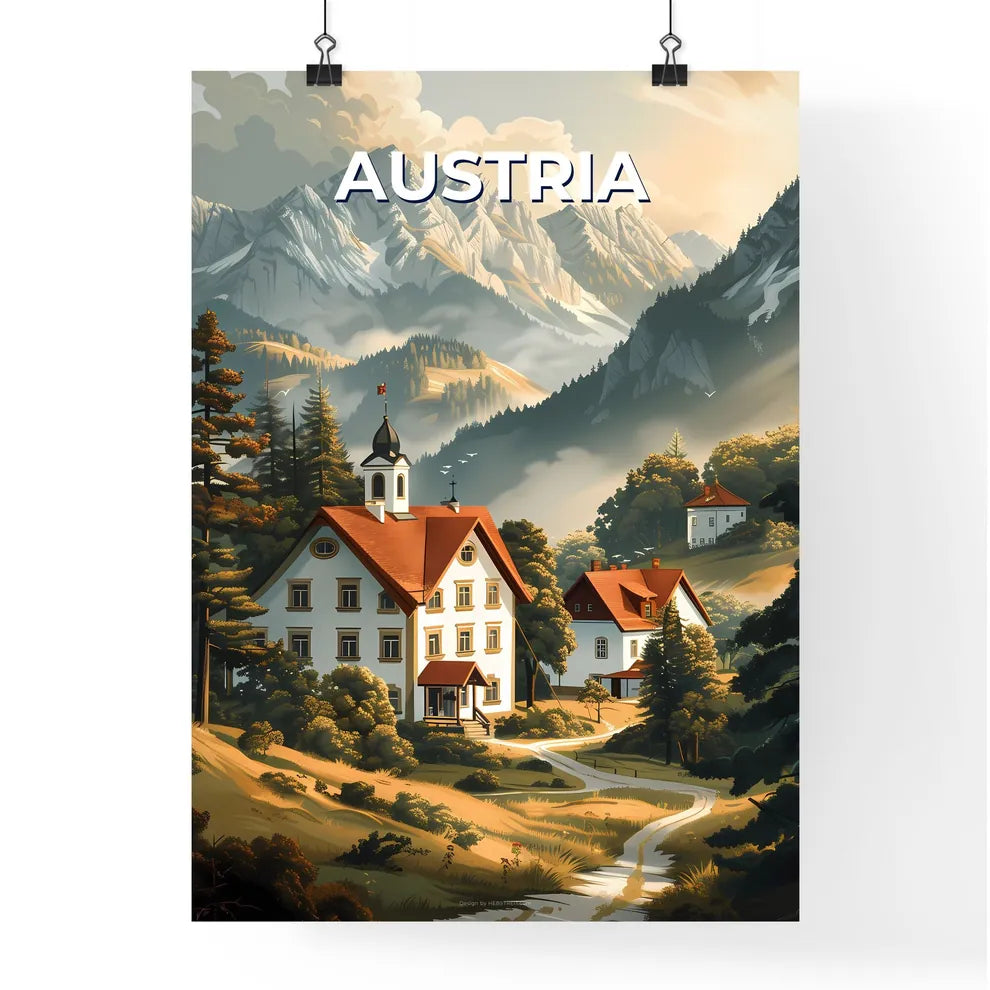 vibrant painting of a village with trees and mountains in Austria, Europe Poster