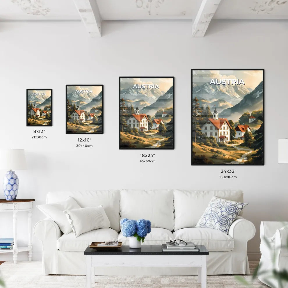 vibrant painting of a village with trees and mountains in Austria, Europe Size Chart