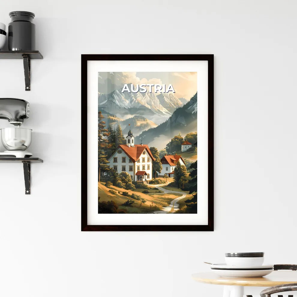 vibrant painting of a village with trees and mountains in Austria, Europe Custom Print