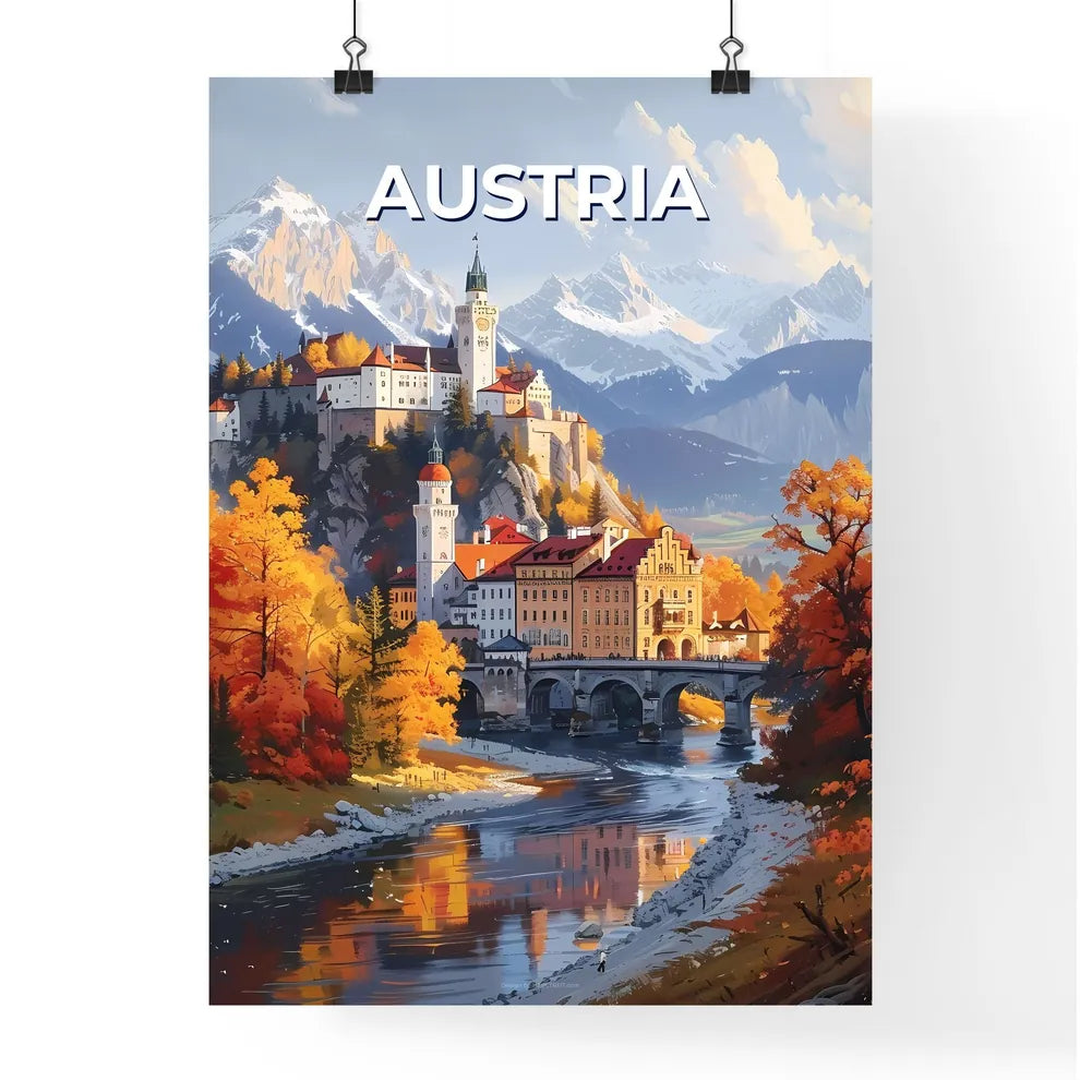 Vibrant Art Painting: Majestic Castle on a Hill with a Bridge over a River, Austria, Europe Poster