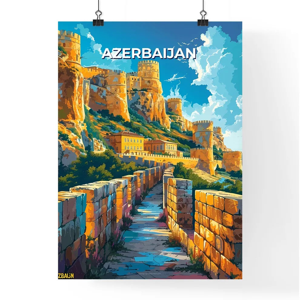 Artistic Stone Castle Wall Painting, Vibrant Azerbaijan European Architecture Poster