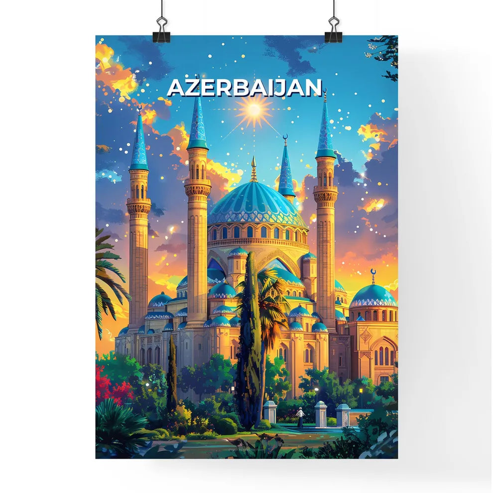 Vibrant Azerbaijani Building Art Depicting Towers and Intricate Blue Roofs Poster