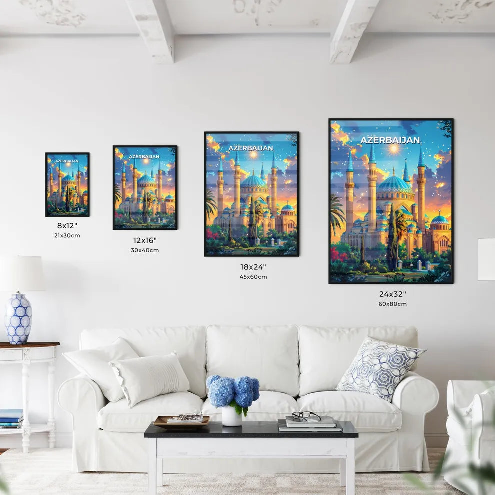 Vibrant Azerbaijani Building Art Depicting Towers and Intricate Blue Roofs Size Chart