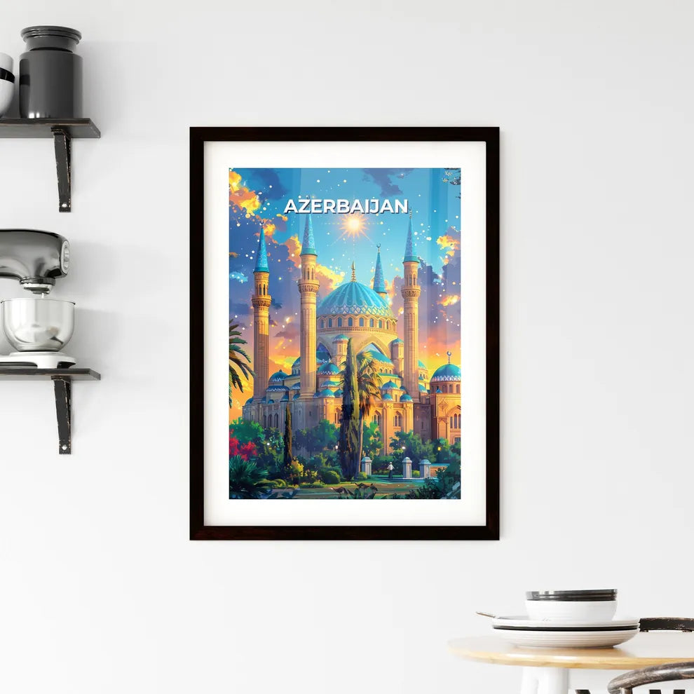 Vibrant Azerbaijani Building Art Depicting Towers and Intricate Blue Roofs Custom Print