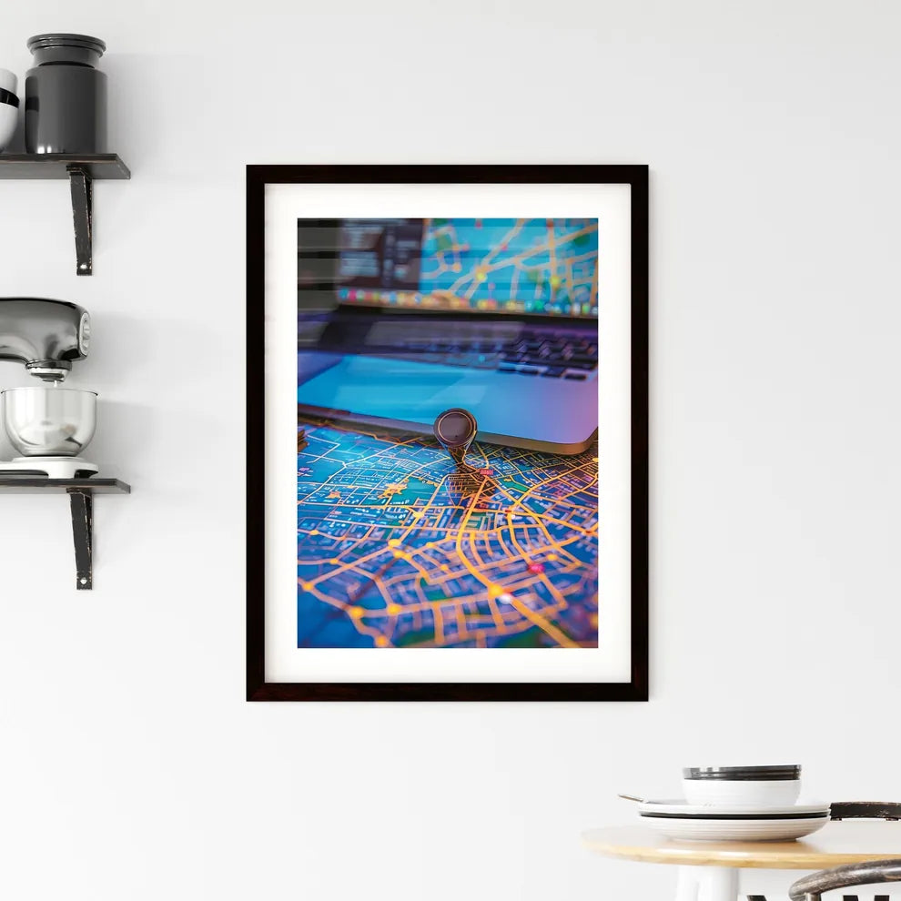 City Map and Laptop Digital Painting Framed Print