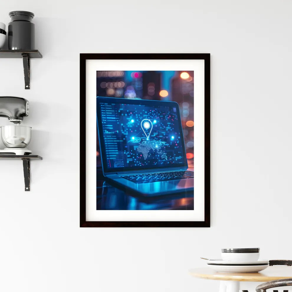 Modern map on laptop screen Framed Print