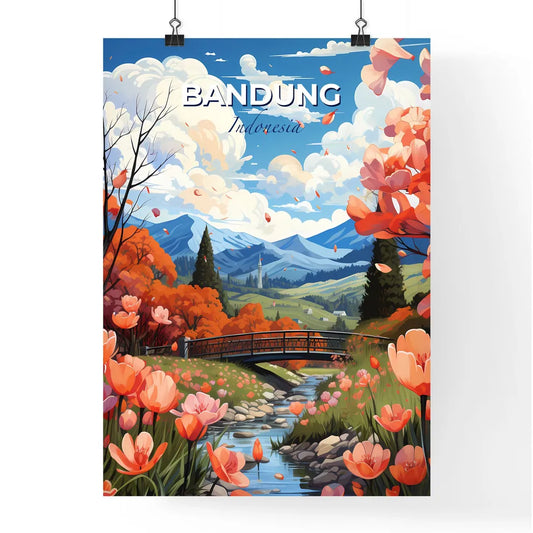 Vibrant Bandung Indonesia Skyline Painting: River, Bridge, Flowers, Mountains, Art Default Title