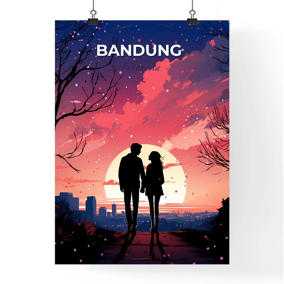 Colorful Bandung Indonesia Cityscape Painting of Couple on Hill Overlooking Skyline Default Title