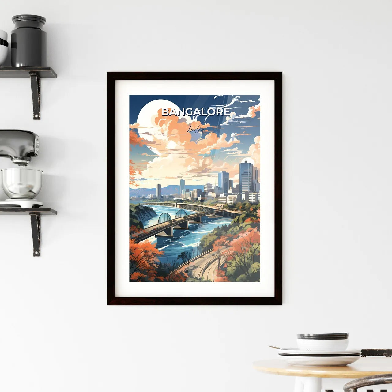 Vibrant cityscape painting of Bangalore India skyline with bridge over river, trees and cityscape background Default Title