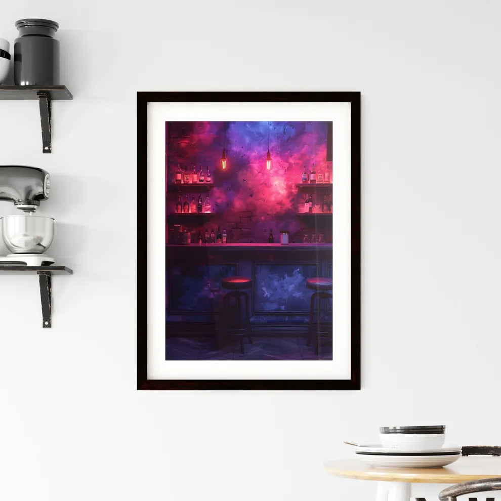 Vibrant painting of a bar counter with stool Framed Print
