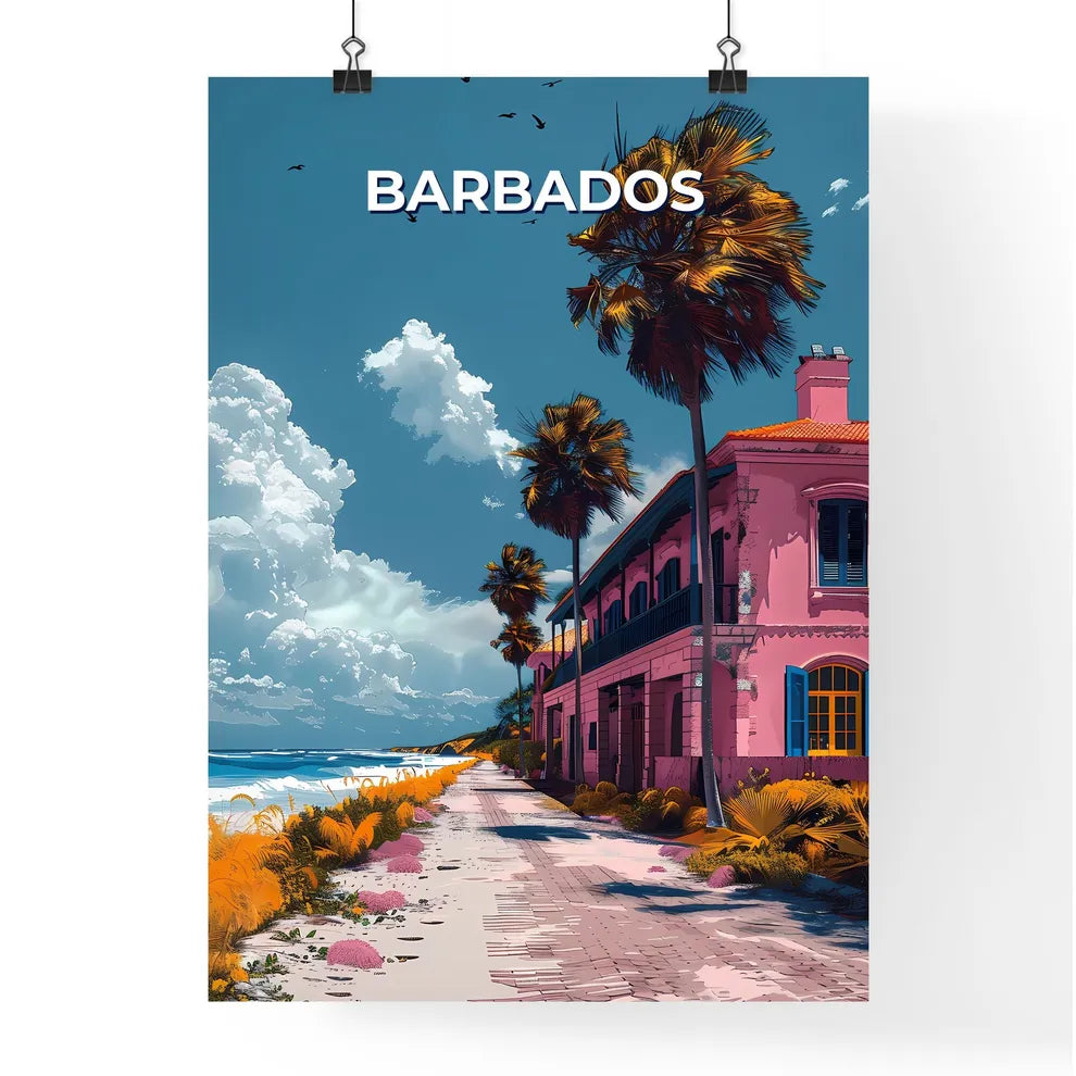 Abstract Barbados Artwork, North America - Pink Building with Palm Trees on Beach Poster