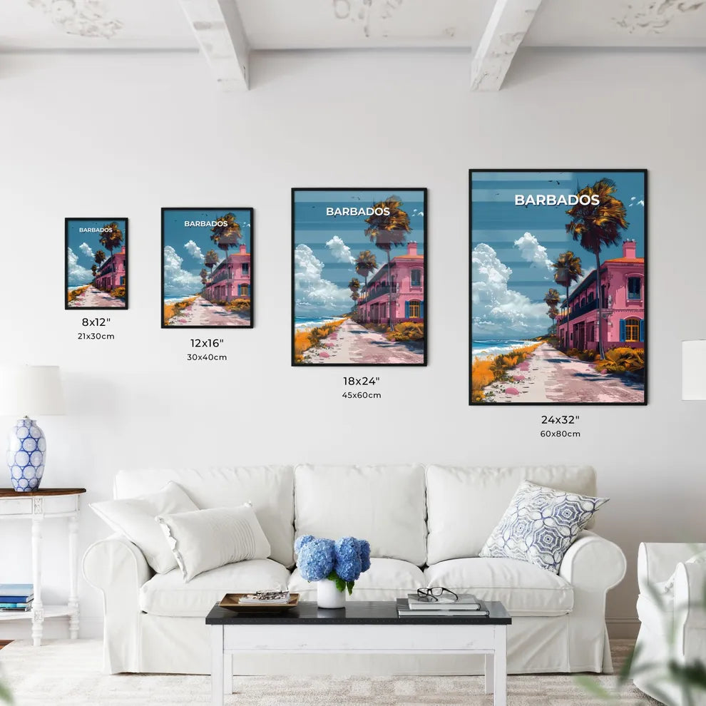 Abstract Barbados Artwork, North America - Pink Building with Palm Trees on Beach Size Chart