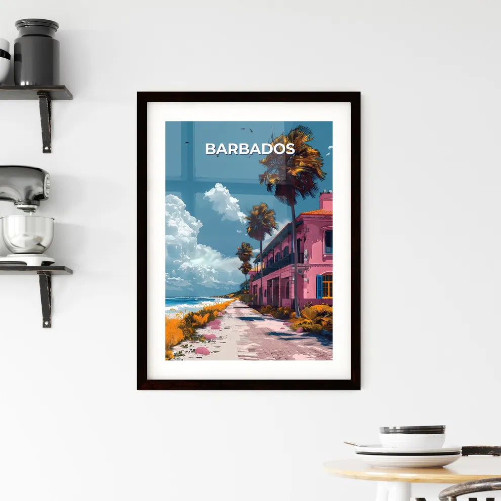 Abstract Barbados Artwork, North America - Pink Building with Palm Trees on Beach Custom Print