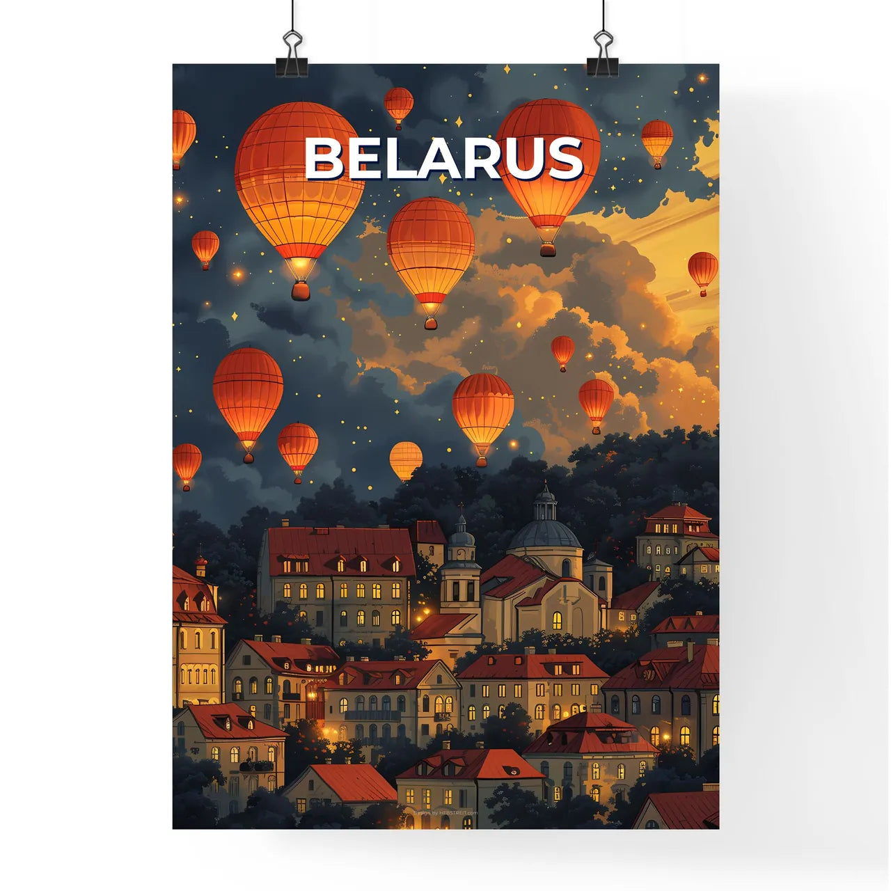 Colorful Hot Air Balloons Over City Art Painting Panorama, Belarus, Europe Poster