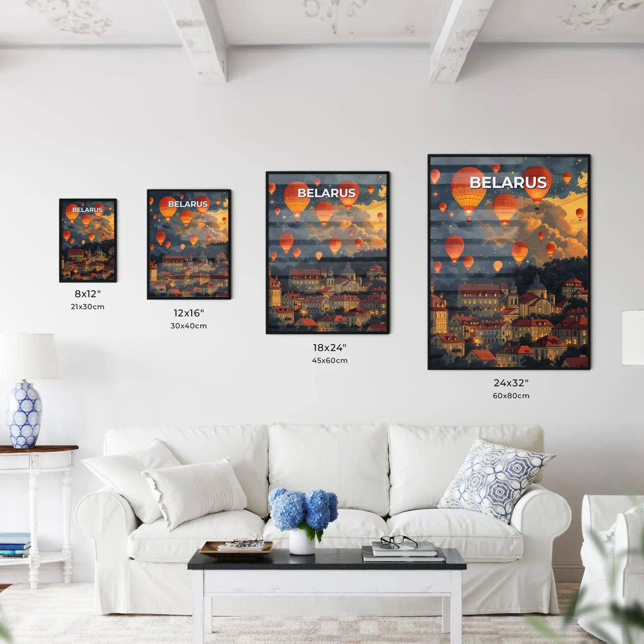 Colorful Hot Air Balloons Over City Art Painting Panorama, Belarus, Europe Size Chart