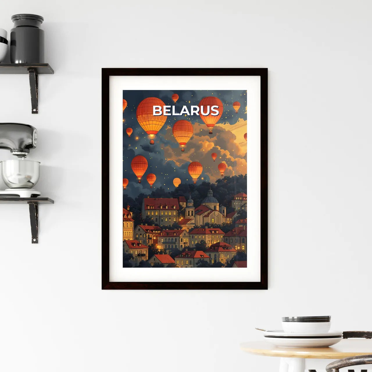 Colorful Hot Air Balloons Over City Art Painting Panorama, Belarus, Europe Custom Print