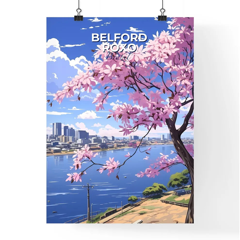 Painting of Belford Roxo City Skyline With Tree Blooming Pink Flowers Next to Water Default Title