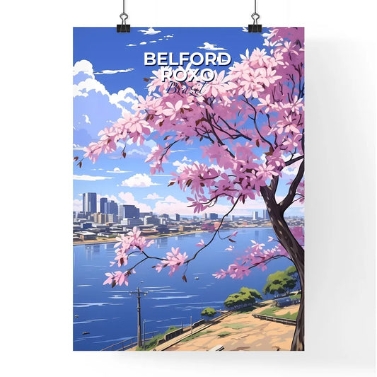 Painting of Belford Roxo City Skyline With Tree Blooming Pink Flowers Next to Water Default Title