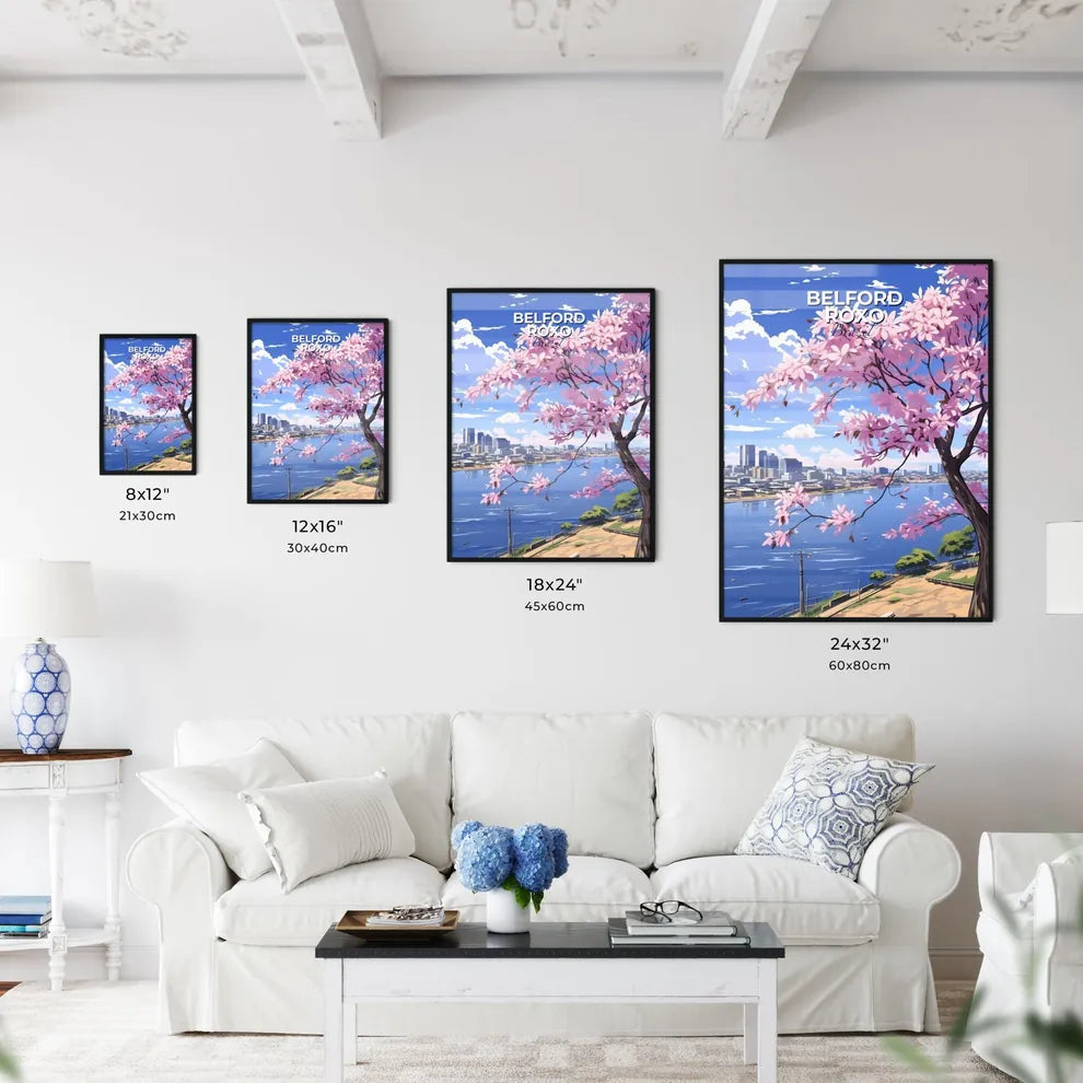 Painting of Belford Roxo City Skyline With Tree Blooming Pink Flowers Next to Water Default Title