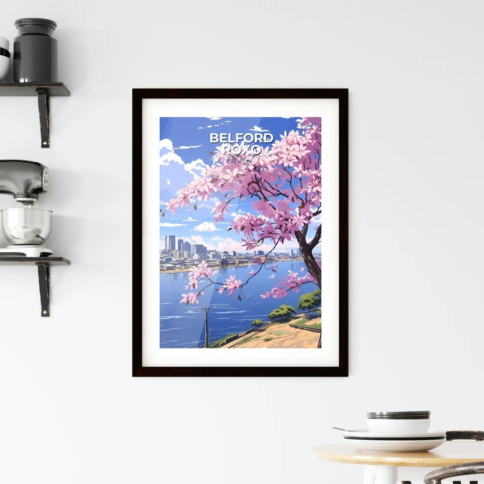 Painting of Belford Roxo City Skyline With Tree Blooming Pink Flowers Next to Water Default Title