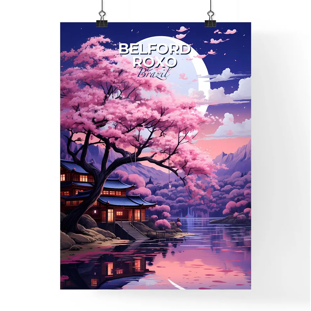 Vibrant Brazilian Art: Belford Roxo Skyline with House, Lake, Tree, and Full Moon Default Title