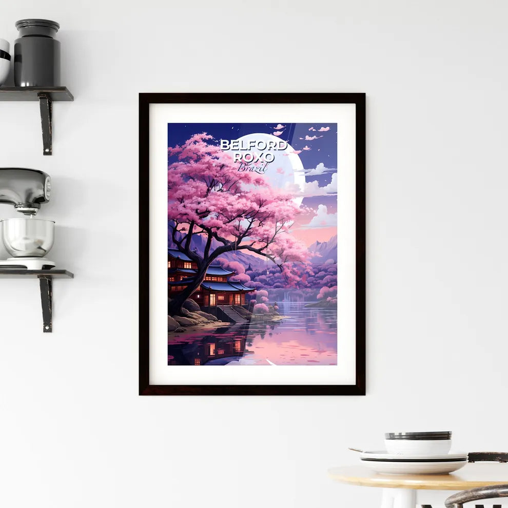 Vibrant Brazilian Art: Belford Roxo Skyline with House, Lake, Tree, and Full Moon Default Title