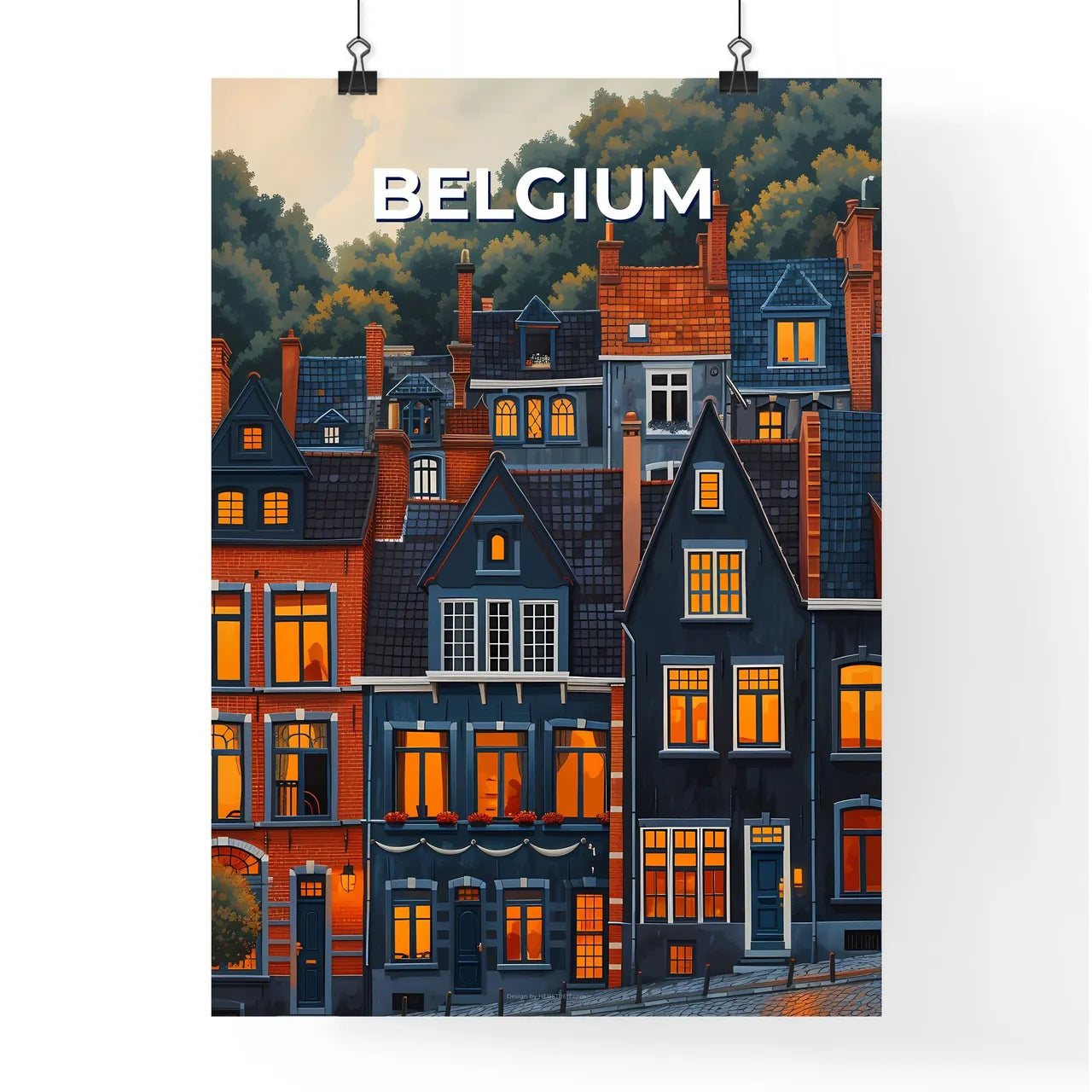 Stunning Watercolor Art: European Village Houses with Glowing Lights in Belgium Poster