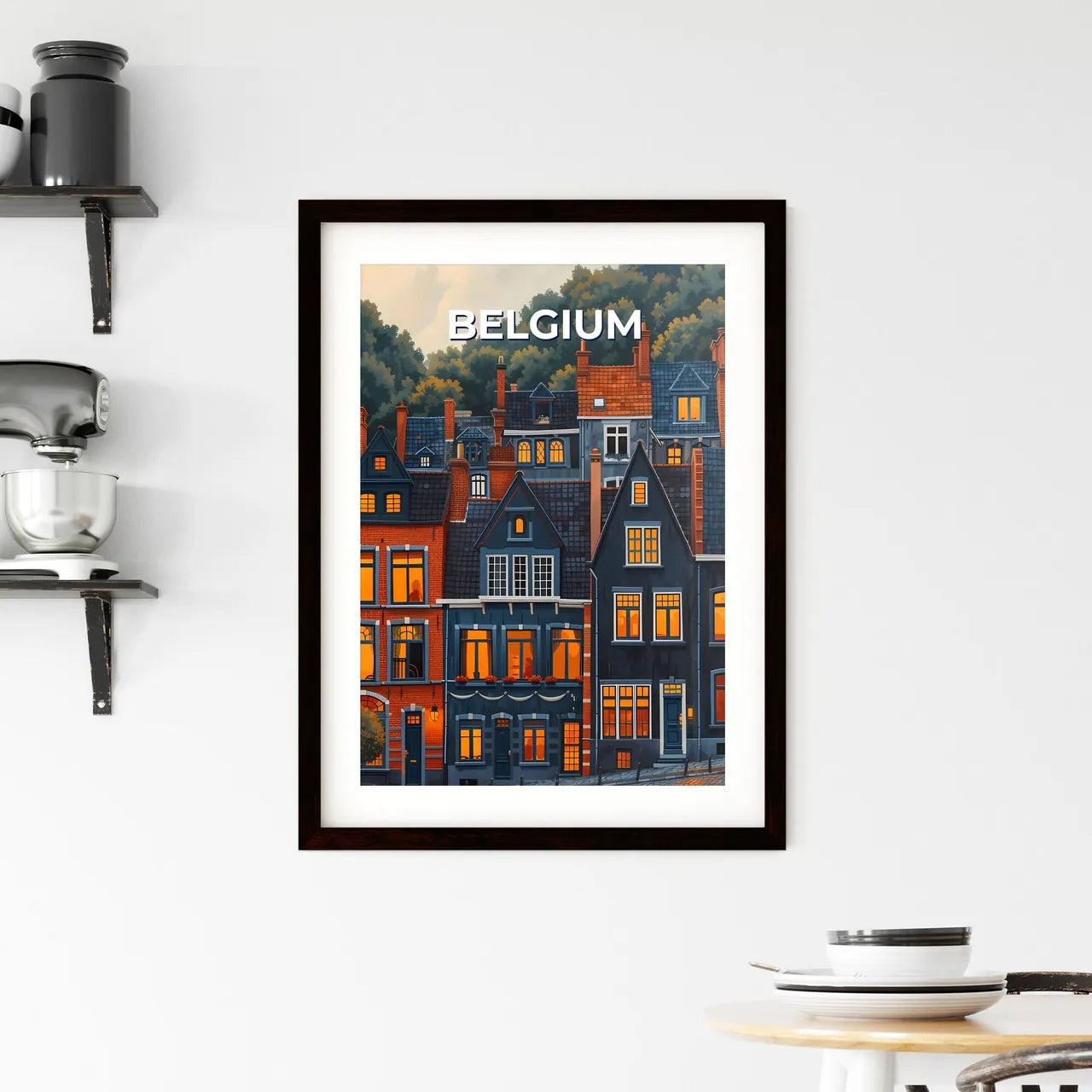 Stunning Watercolor Art: European Village Houses with Glowing Lights in Belgium Custom Print