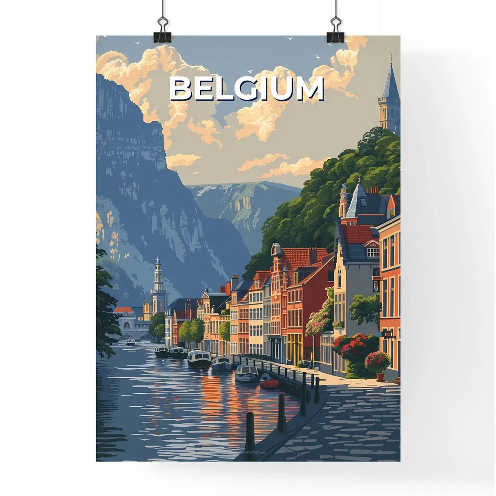 Belgian Waterfront Cityscape Painting Depicting River with Boats and Buildings Poster