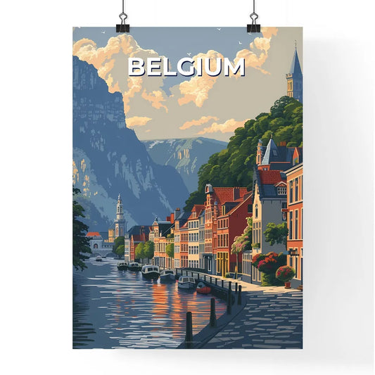 Belgian Waterfront Cityscape Painting Depicting River with Boats and Buildings Poster
