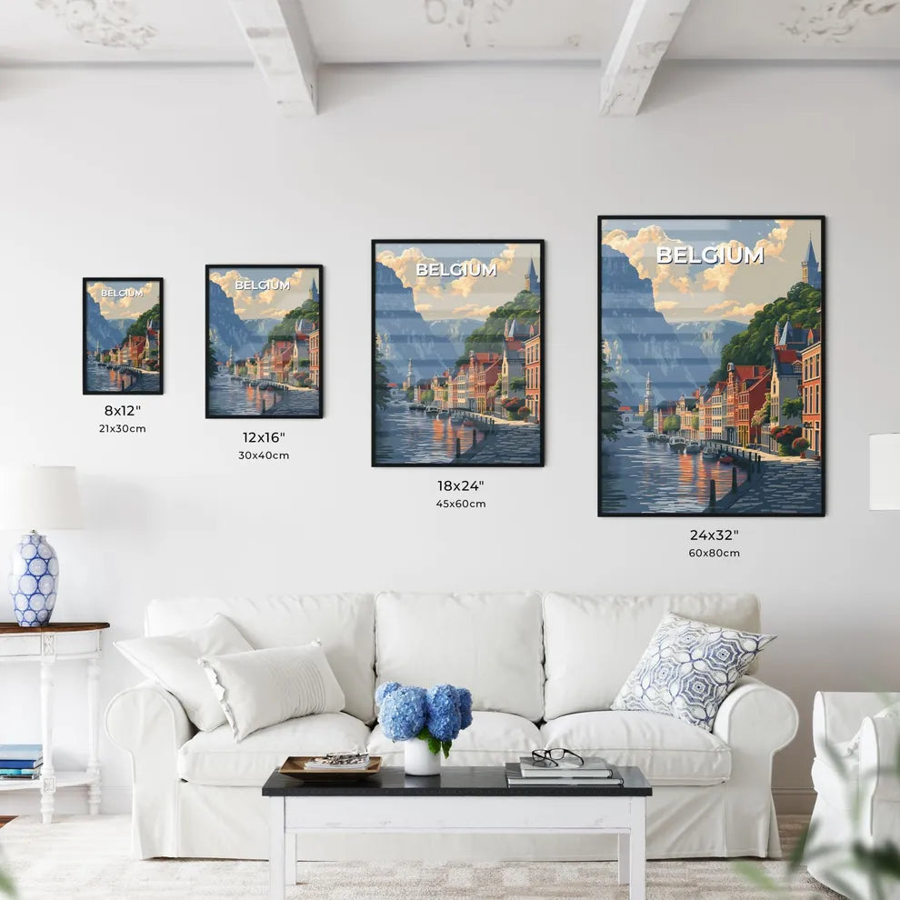 Belgian Waterfront Cityscape Painting Depicting River with Boats and Buildings Size Chart