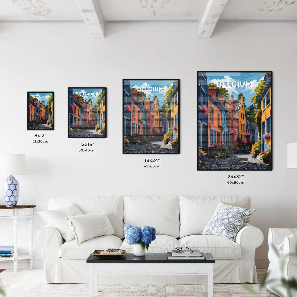 Vibrant Art Painting: Colorful Buildings and Trees in Belgium, Europe Size Chart