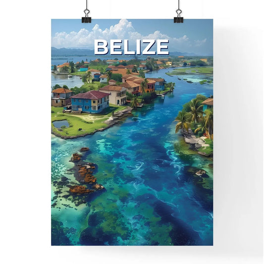 Vibrant Painting Artwork Depicting Houses, Trees, and Waterways in Belize Poster