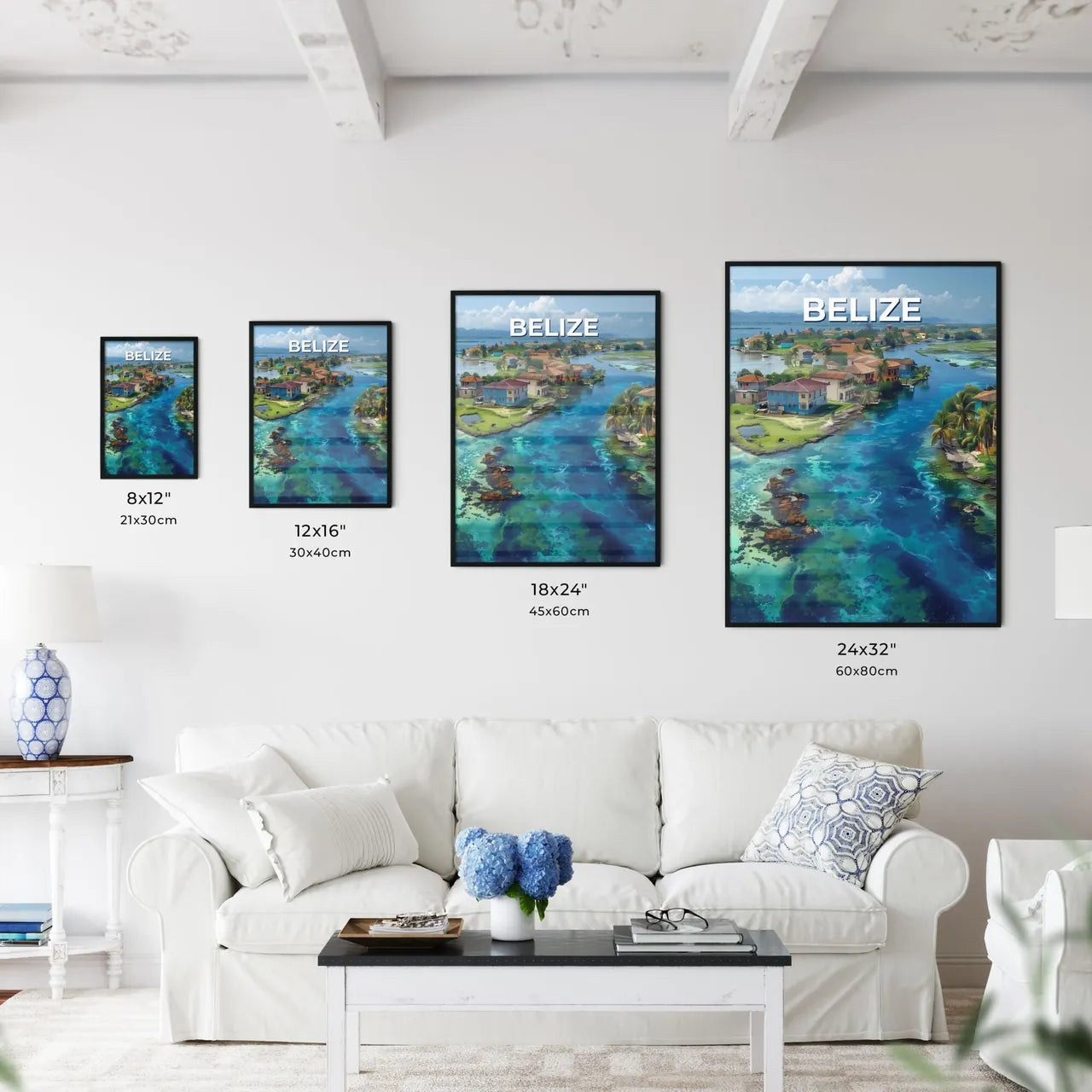 Vibrant Painting Artwork Depicting Houses, Trees, and Waterways in Belize Size Chart