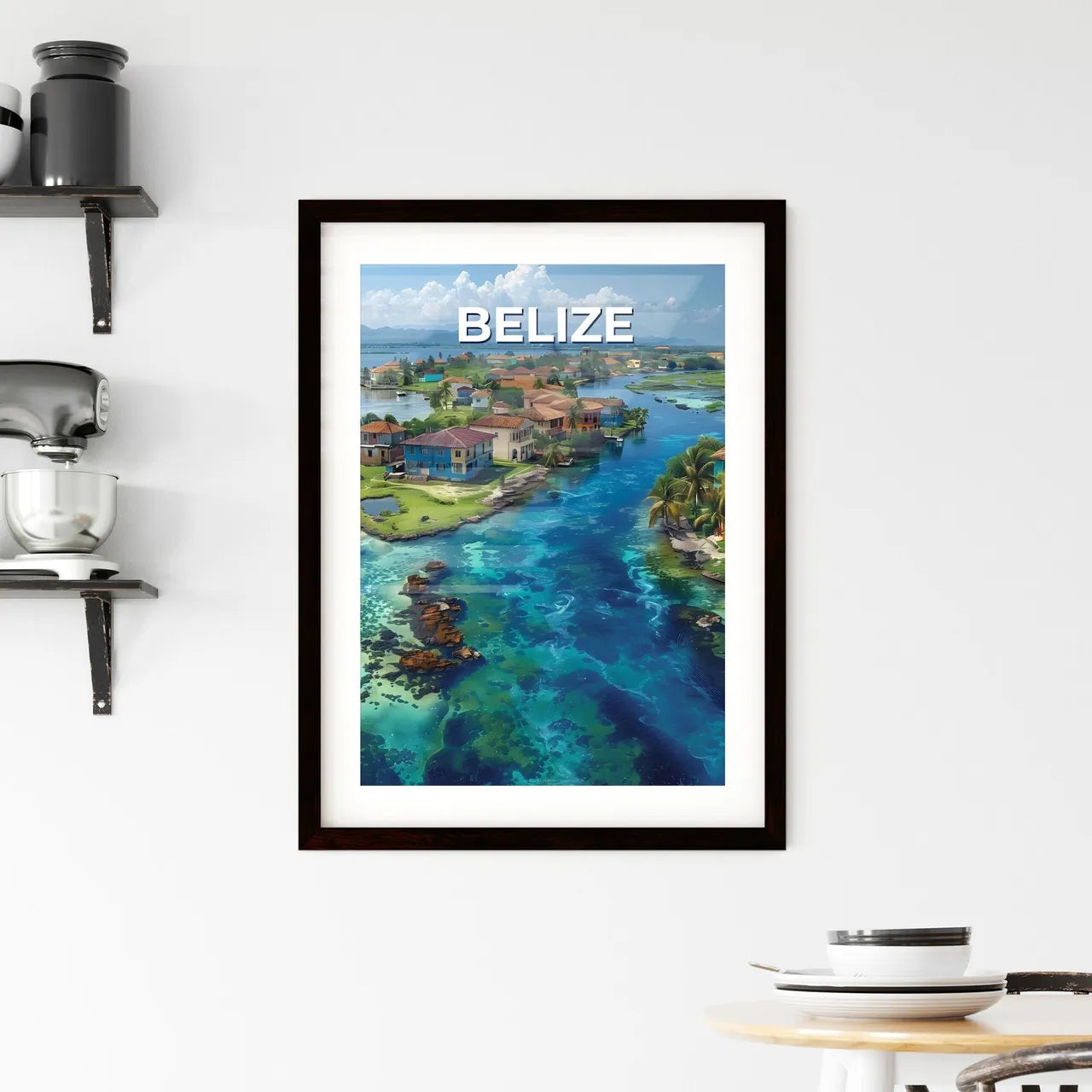 Vibrant Painting Artwork Depicting Houses, Trees, and Waterways in Belize Custom Print