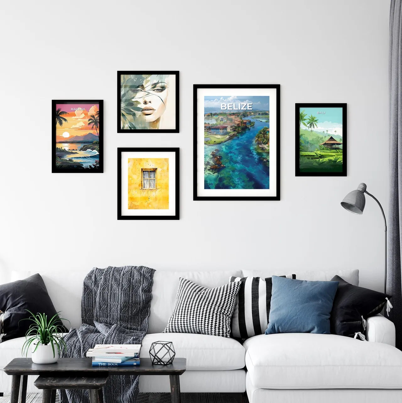 Vibrant Painting Artwork Depicting Houses, Trees, and Waterways in Belize Interior Design