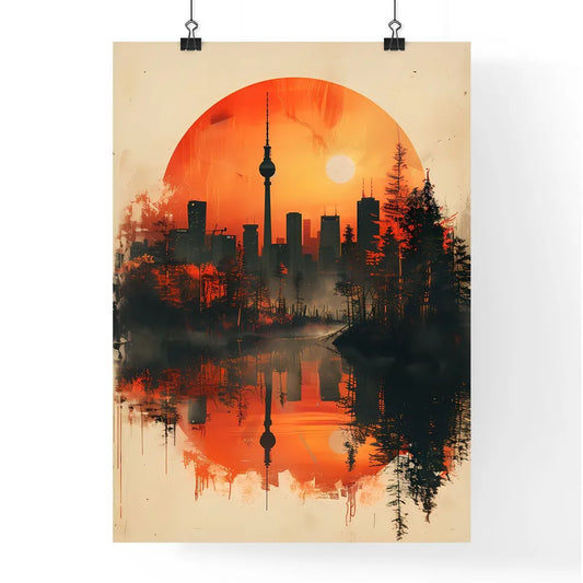 Minimalist Skyline Digital Collage: Vibrant Cityscape with Red Circle and Trees, Low-Angle, Horizon View, Artistic Painting, Contemporary Album Artwork Poster