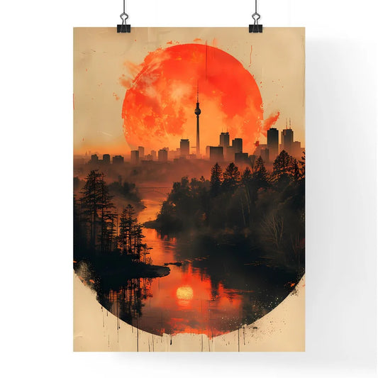 Minimalist abstract digital painting of a city skyline with a red moon, featuring geometric lines and a wide view of the horizon, perfect for album artwork or wall decor Poster
