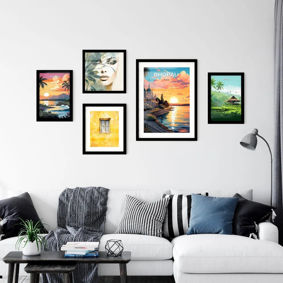 Indian sunset over lake skyline painting wall art artwork Default Title