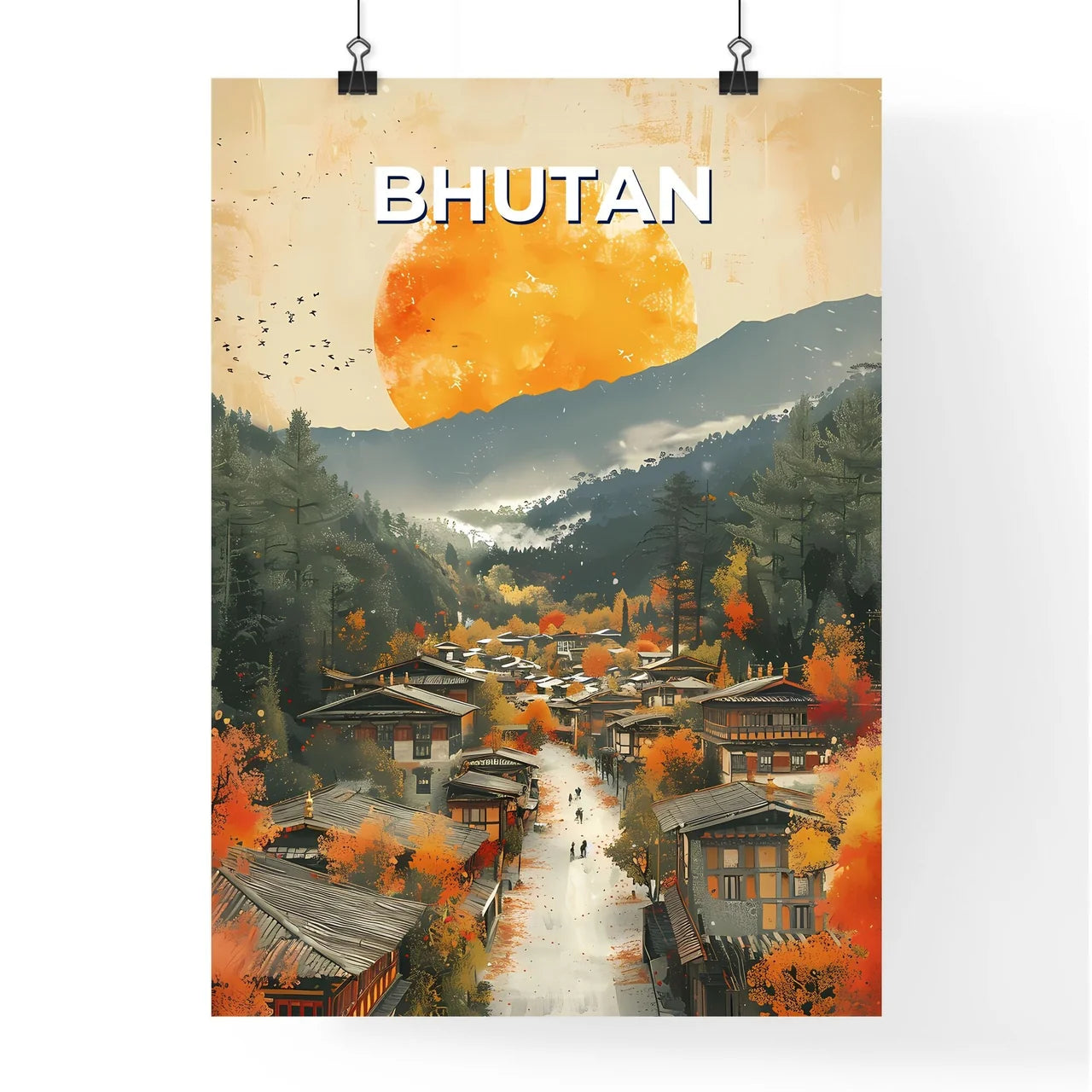 Bhutanese Town Art Painting, South Asia, Traditional, Culture, Architecture, Travel, Landscape Poster
