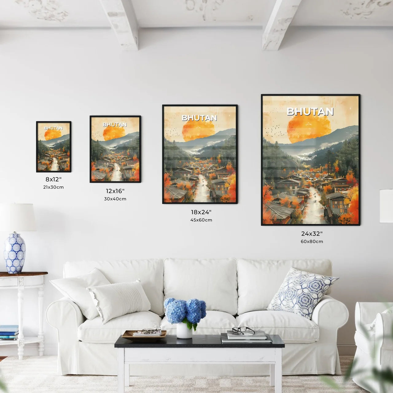 Bhutanese Town Art Painting, South Asia, Traditional, Culture, Architecture, Travel, Landscape Size Chart