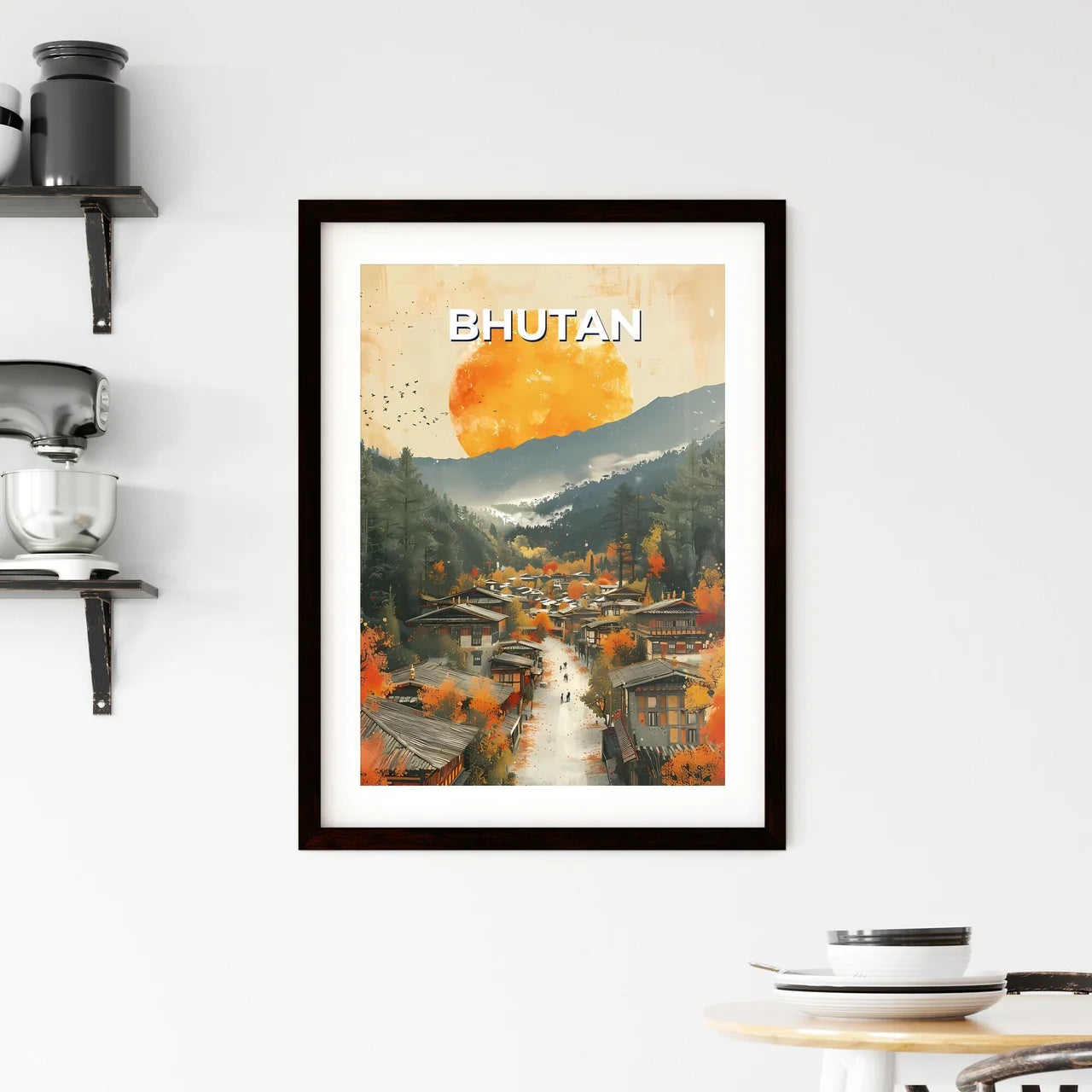 Bhutanese Town Art Painting, South Asia, Traditional, Culture, Architecture, Travel, Landscape Custom Print