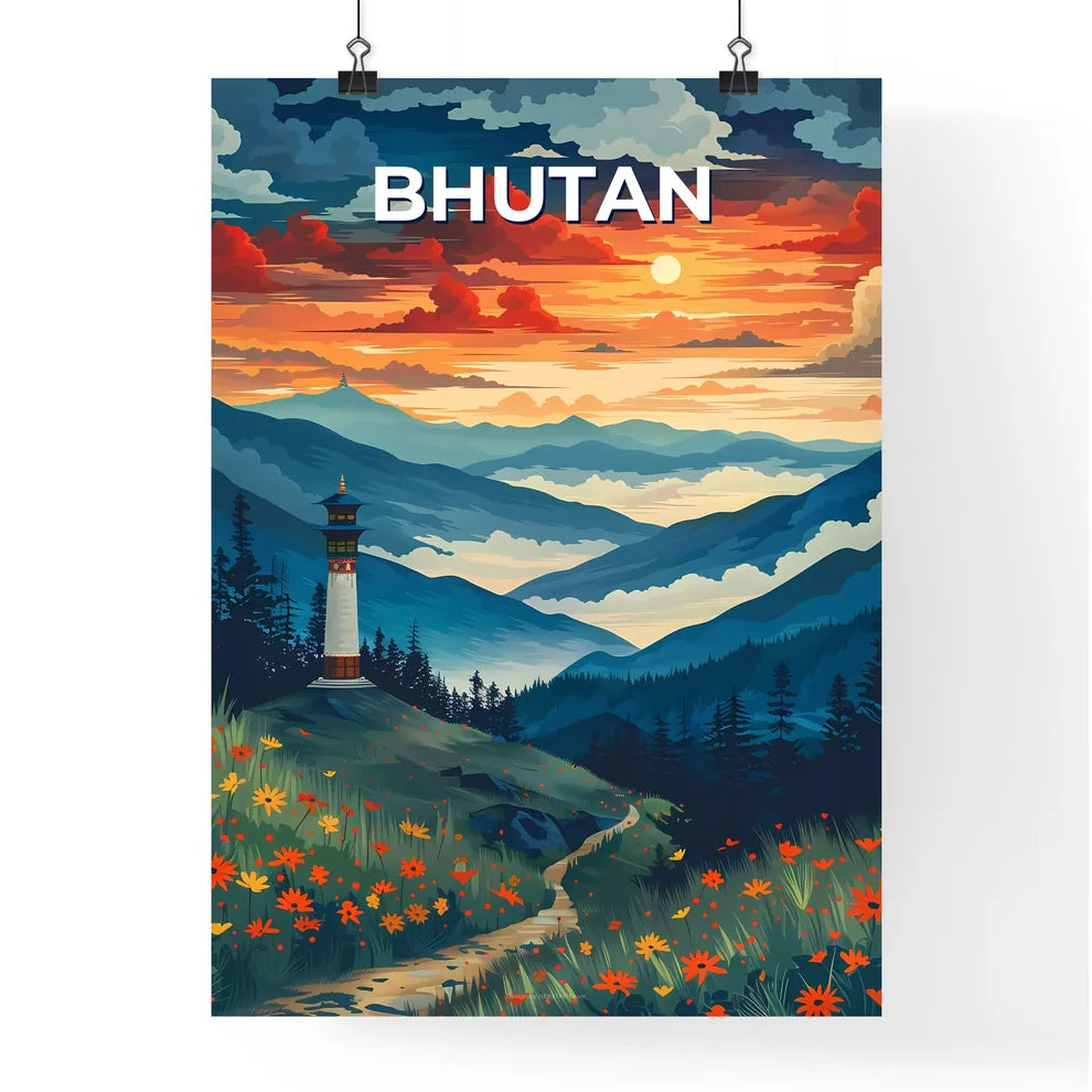 Abstract Lighthouse Landscape Painting, Bhutan, South Asia, Flowers, Vibrant Colors, Art Poster