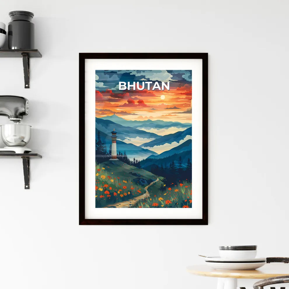 Abstract Lighthouse Landscape Painting, Bhutan, South Asia, Flowers, Vibrant Colors, Art Custom Print
