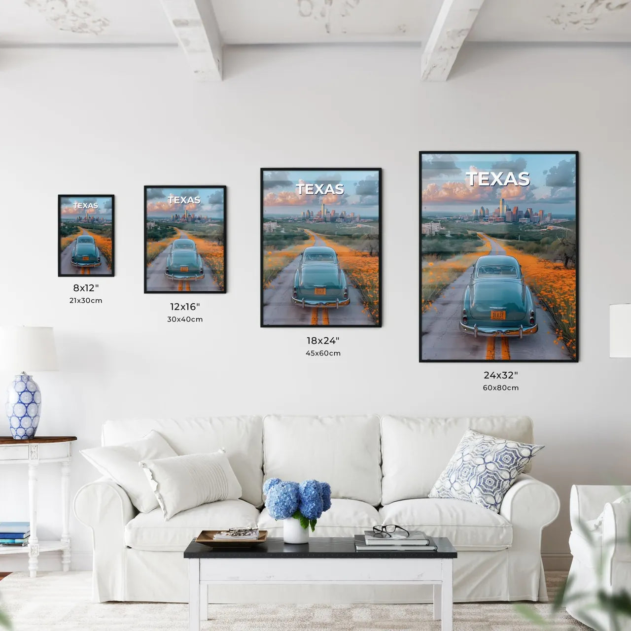 Grunge painting of a car on a road with orange flowers in Texas, USA, with a city in the background Size Chart