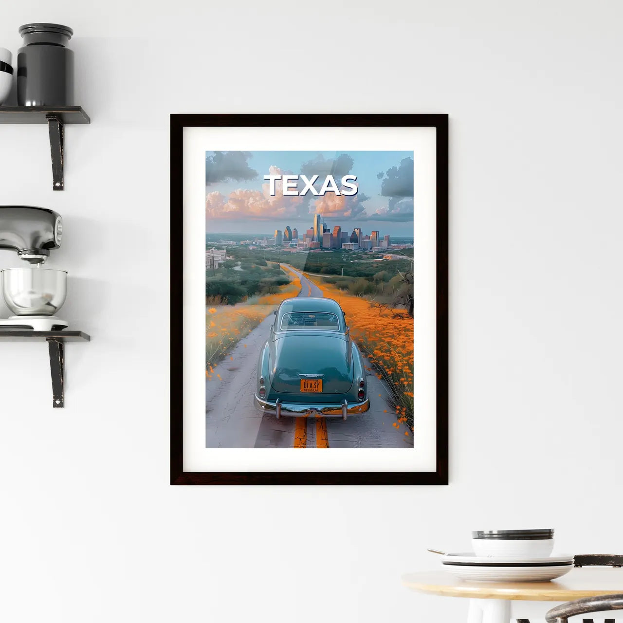 Grunge painting of a car on a road with orange flowers in Texas, USA, with a city in the background Custom Print