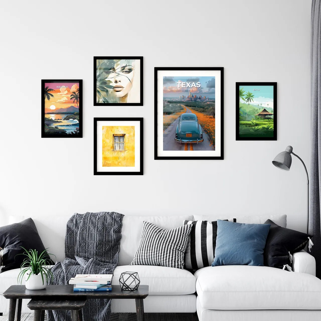Grunge painting of a car on a road with orange flowers in Texas, USA, with a city in the background Interior Design