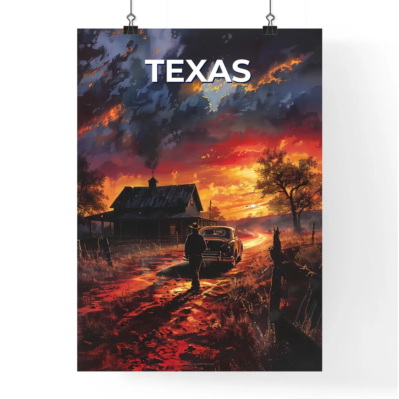 Artful Texas Landscape: Vibrant Painting Depicting Man on Dirt Road, Car, and House Poster