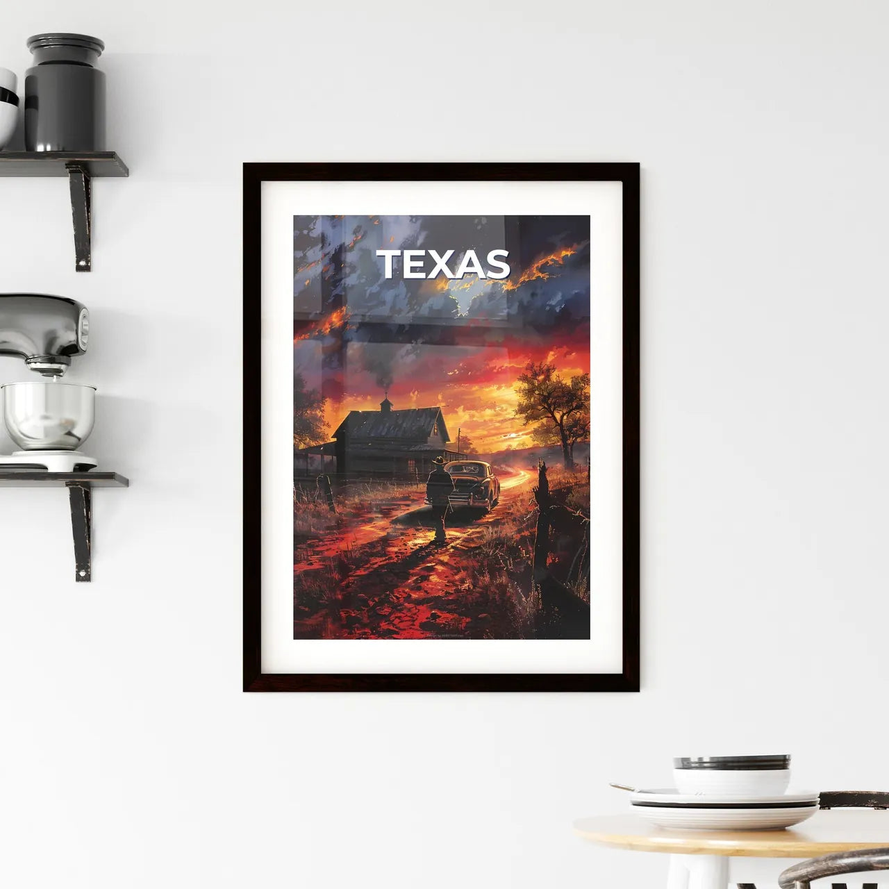 Artful Texas Landscape: Vibrant Painting Depicting Man on Dirt Road, Car, and House Custom Print
